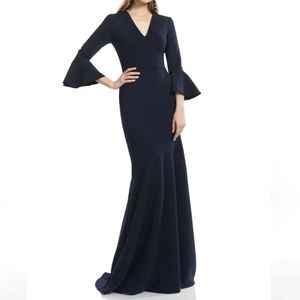 NWT $875 Theia Navy blue v neck mermaid gown maxi dress bell sleeve 2